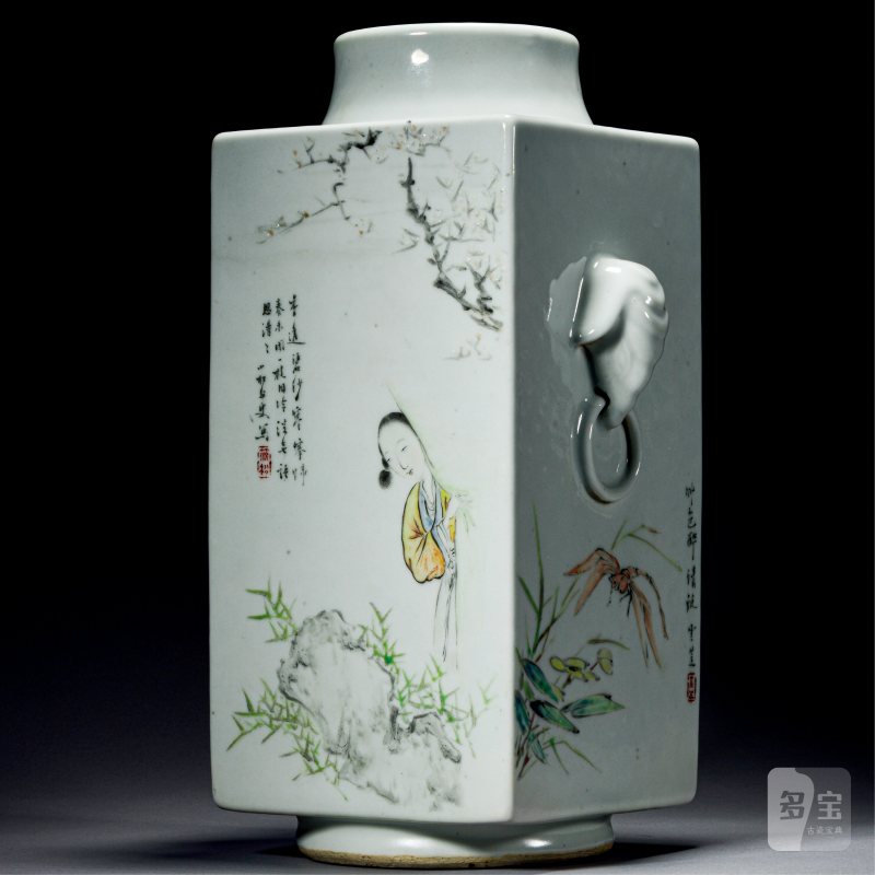 清光绪 程门、程小松父子合作浅绛彩山水花鸟人物纹象耳琮式瓶